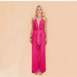 Vibrant Pink Sequined Jumpsuit with V-Neck & Belted Waist (Barbie Moment) IW-217